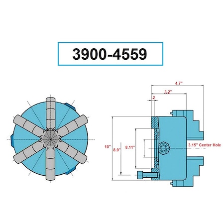 H & H Industrial Products 10" 6-Jaw Plain Back Self Centering Lathe Chuck 3900-4559